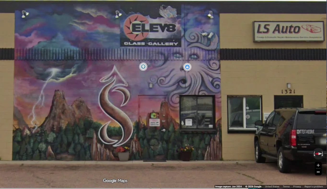 Street View of the mural-covered Elev8 Glass Gallery storefront on Paonia Street